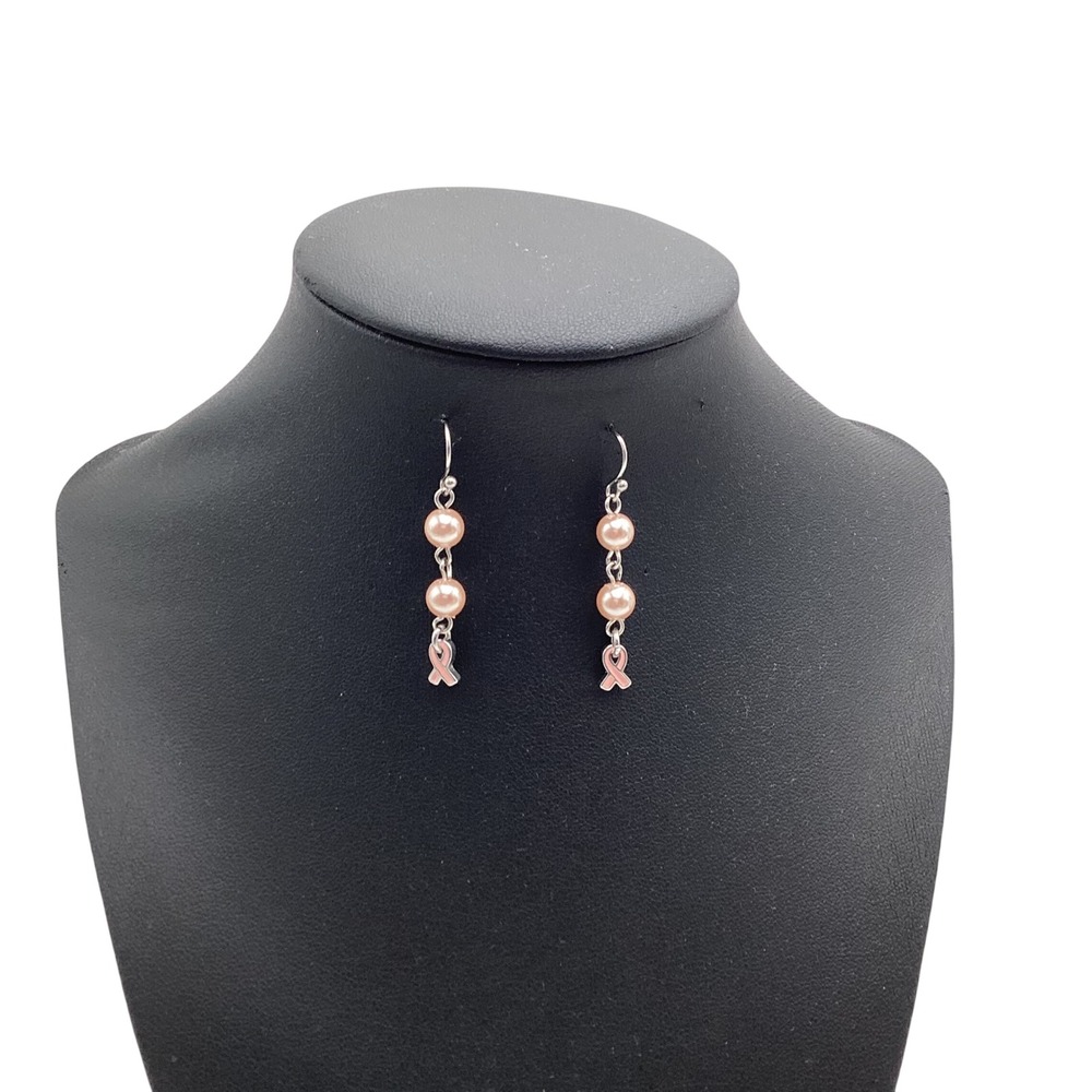 Pink Ribbon Awareness Earrings Faux Pearl Drop Breast Cancer
